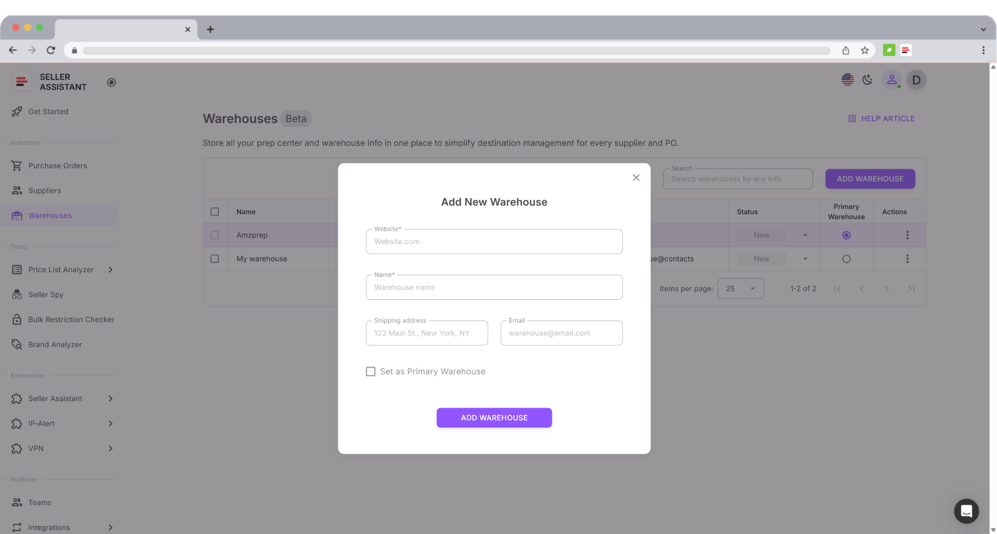 Add a warehouse or prep center with required fields (website, name) and optional address and contacts.