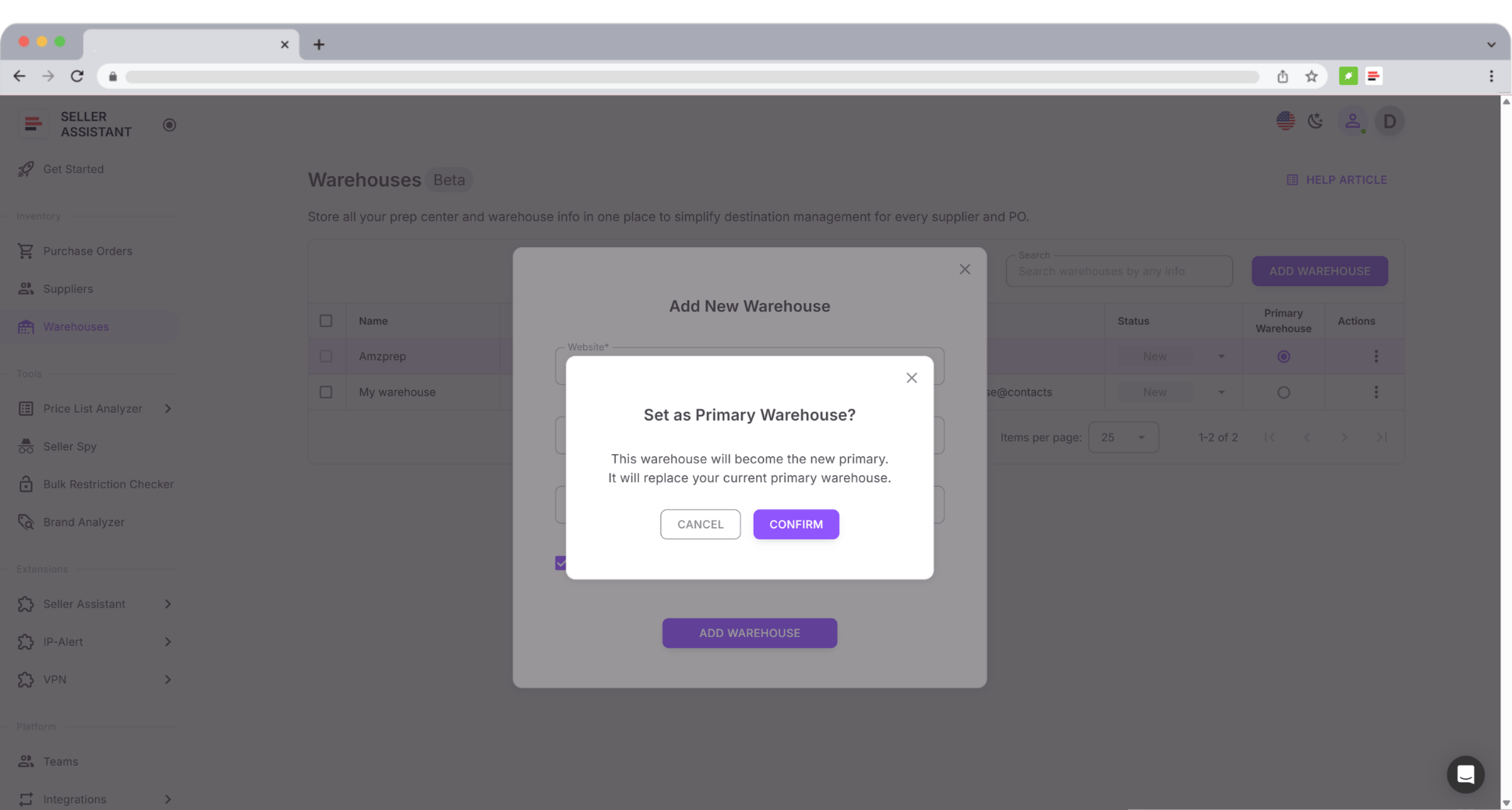 Keep one primary warehouse at a time. A dummy entry ("My warehouse") is created by default and initially set as primary. Switch anytime.