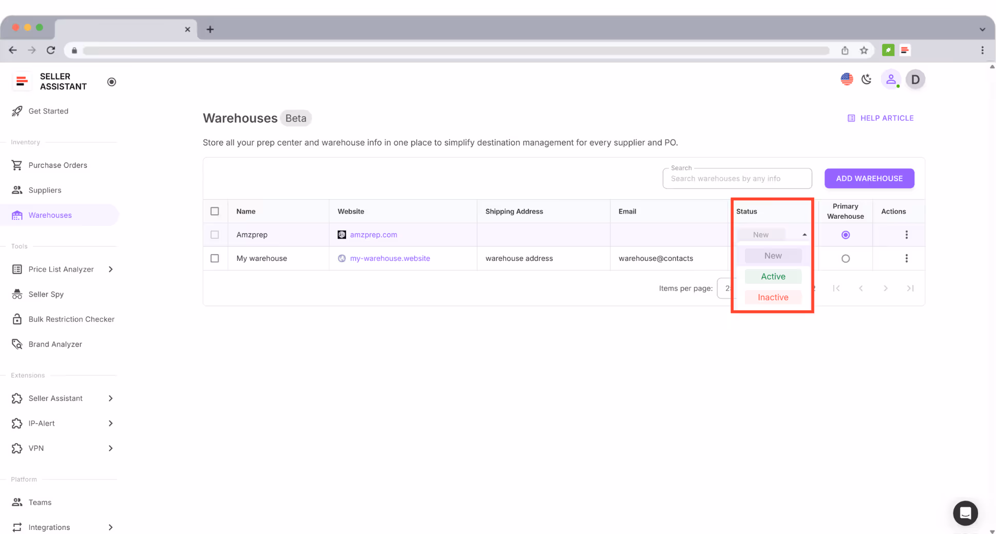 Add a warehouse or prep center with required fields (website, name) and optional address and contacts.