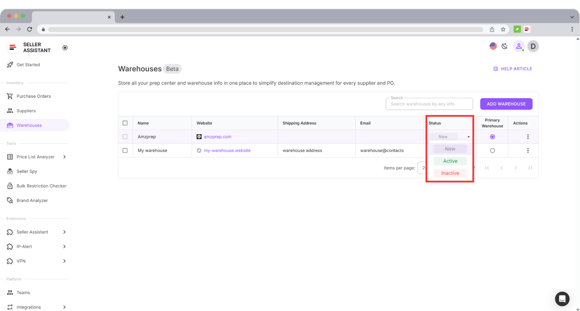 Add a warehouse or prep center with required fields (website, name) and optional address and contacts.