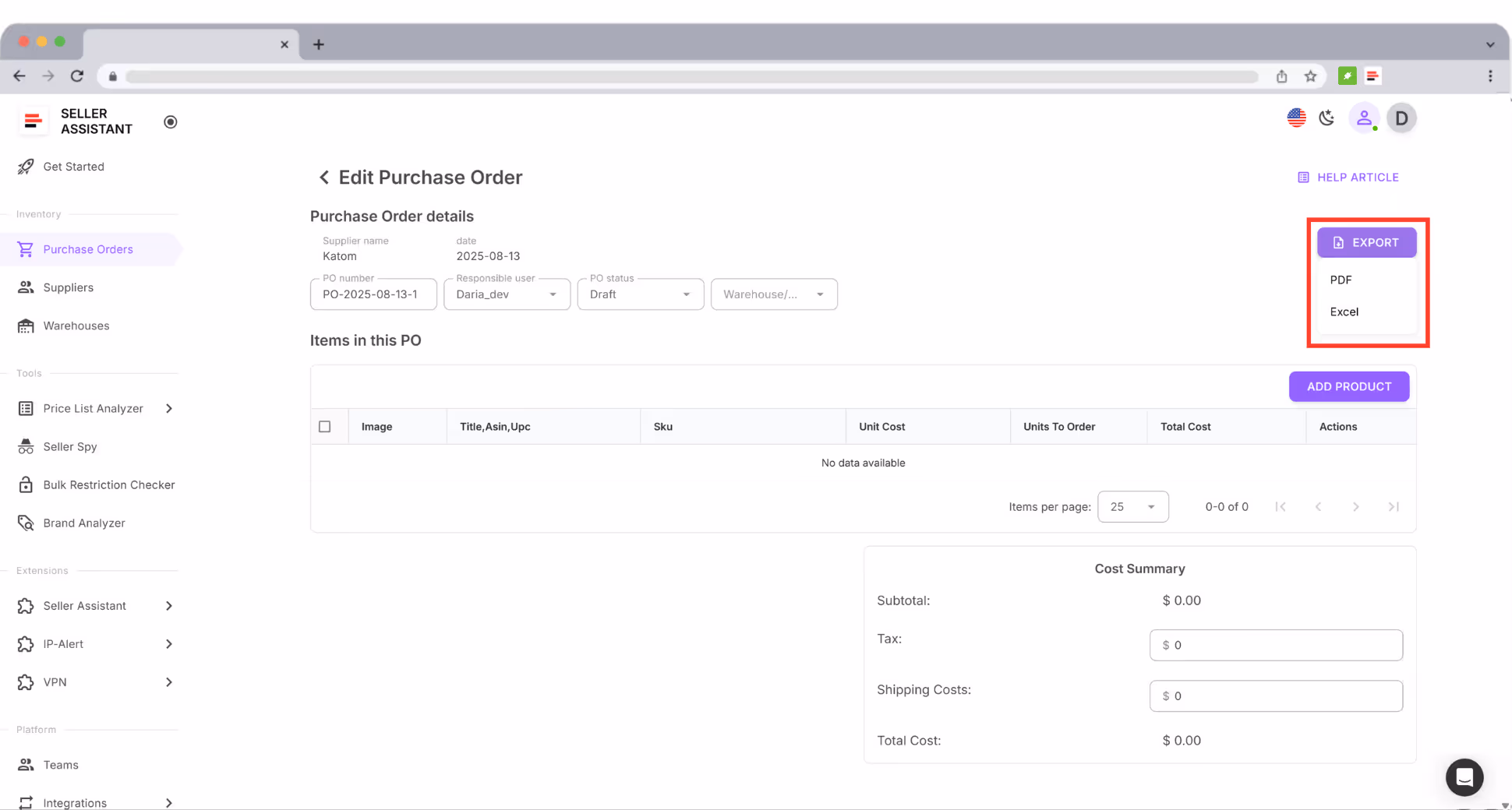 Choose winning products straight from Price List Analyzer or add them manually by ASIN, UPC/EAN, or title. No messy copy-paste.