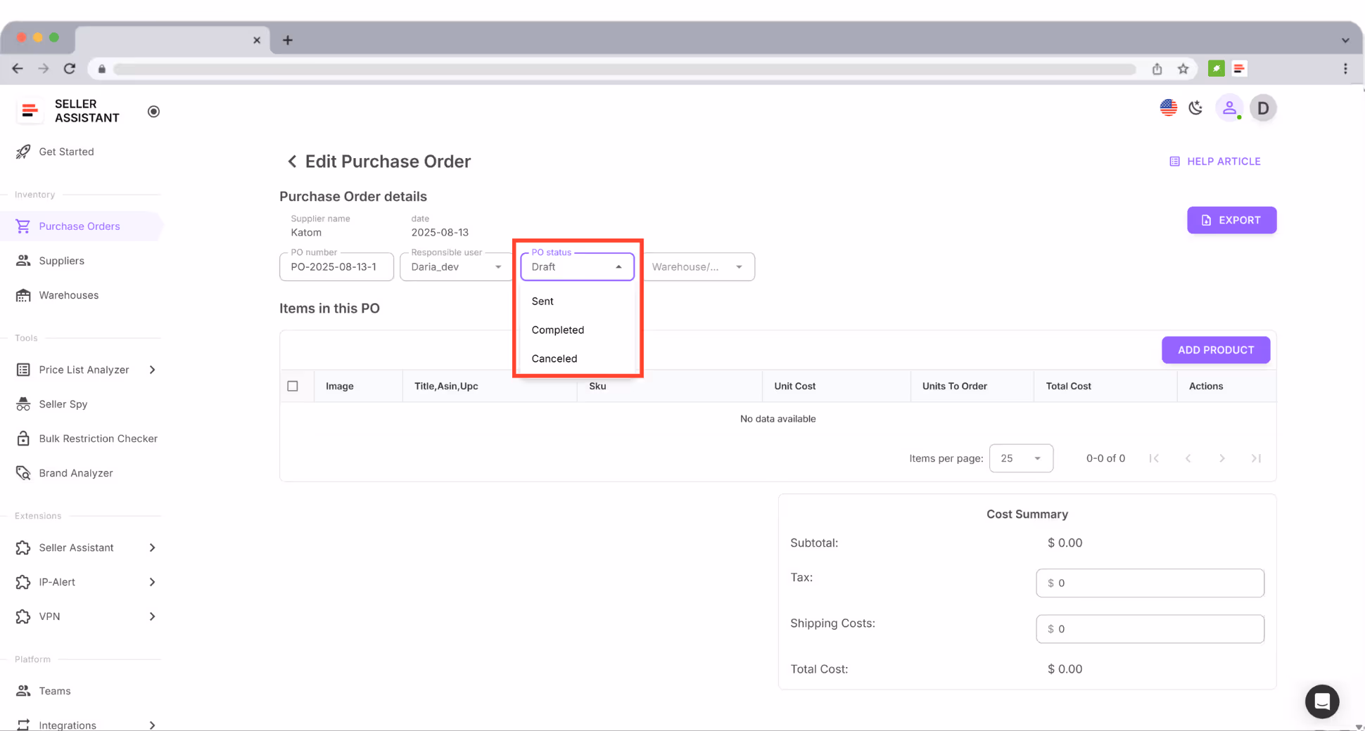 Follow every order through Draft, Sent, Completed, or Canceled stages, all visible to your team.