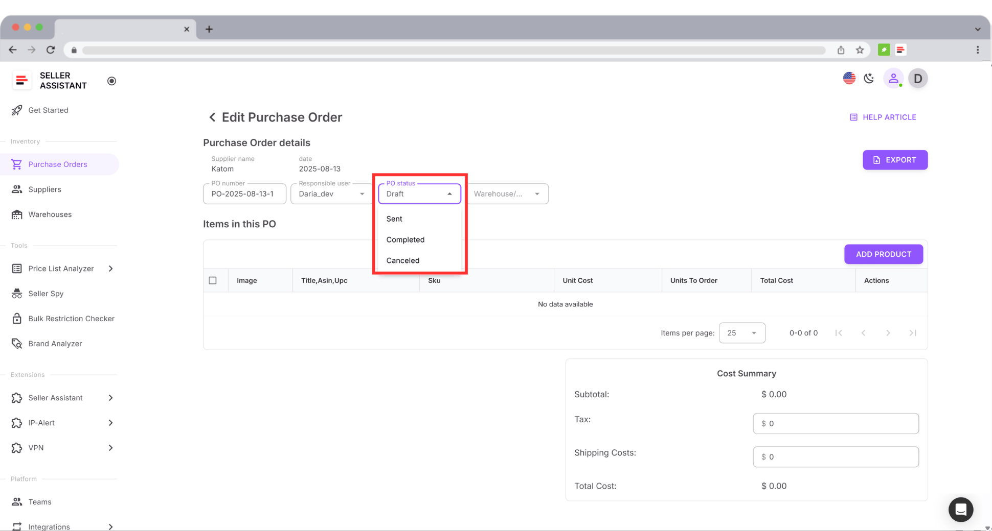 Follow every order through Draft, Sent, Completed, or Canceled stages, all visible to your team.