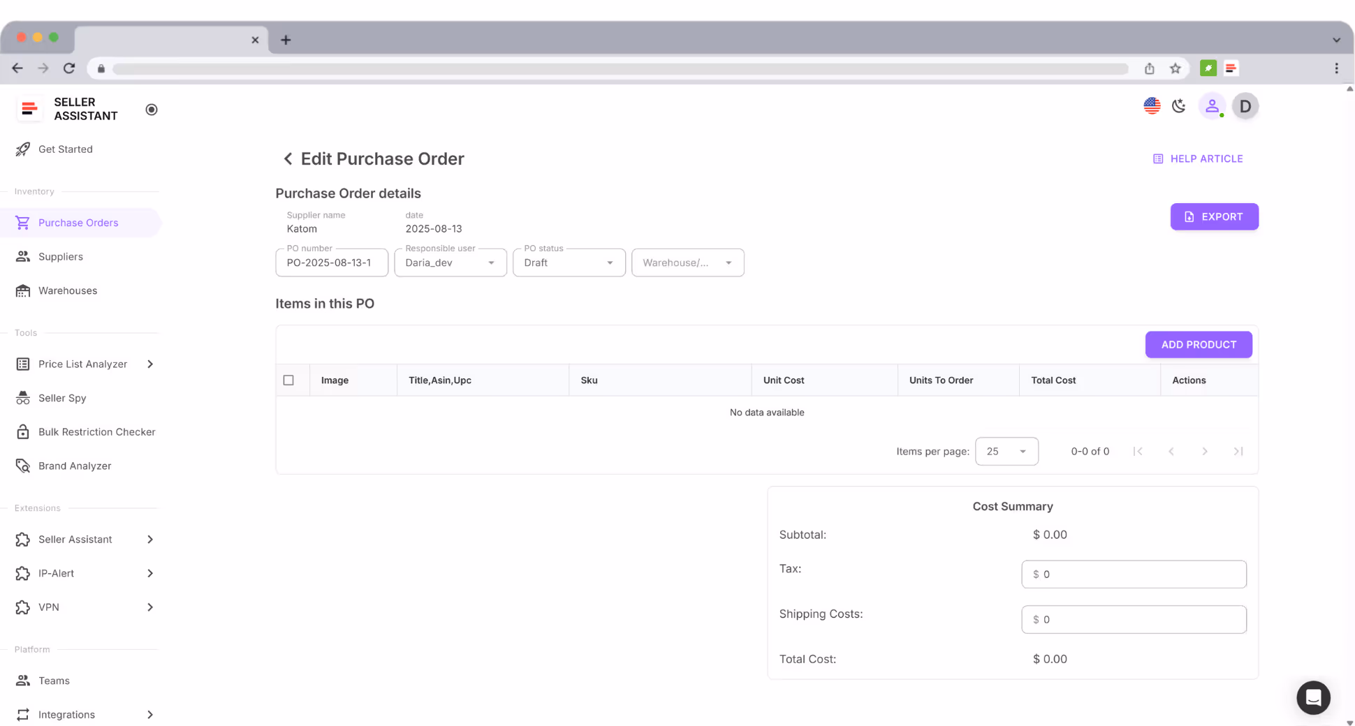Adjust quantities, costs, SKUs, shipping charges, and tax before sending.