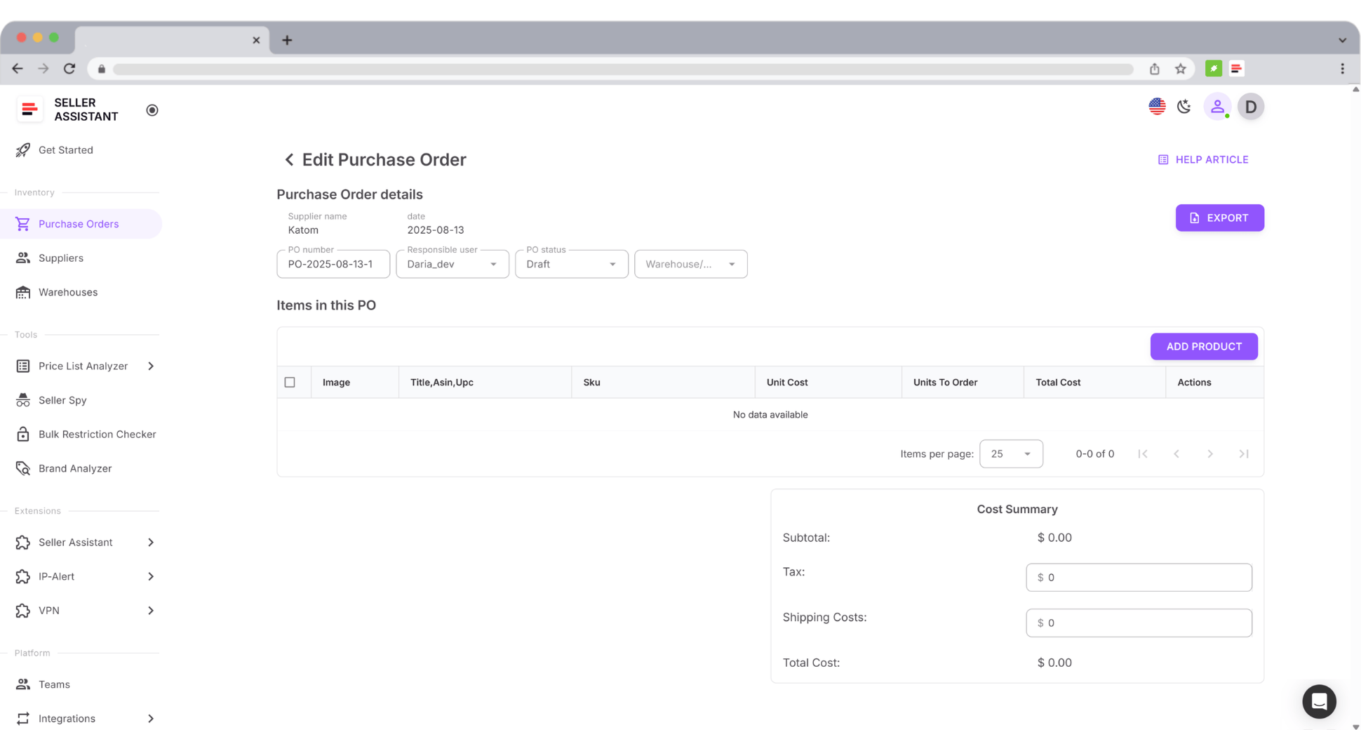Adjust quantities, costs, SKUs, shipping charges, and tax before sending.