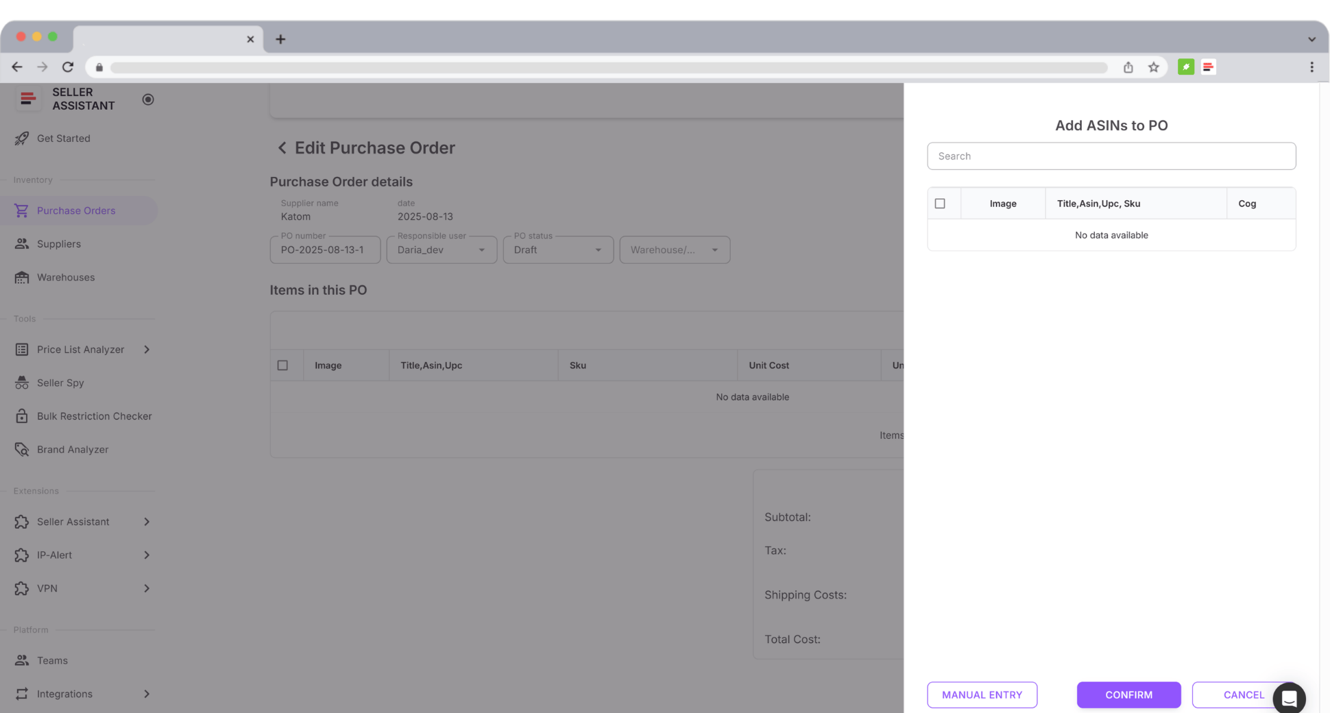 Choose winning products straight from Price List Analyzer or add them manually by ASIN, UPC/EAN, or title. No messy copy-paste.