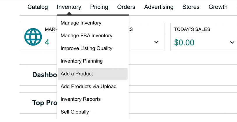 Para listar su artículo, seleccione "Inventario" > "Añadir un producto".