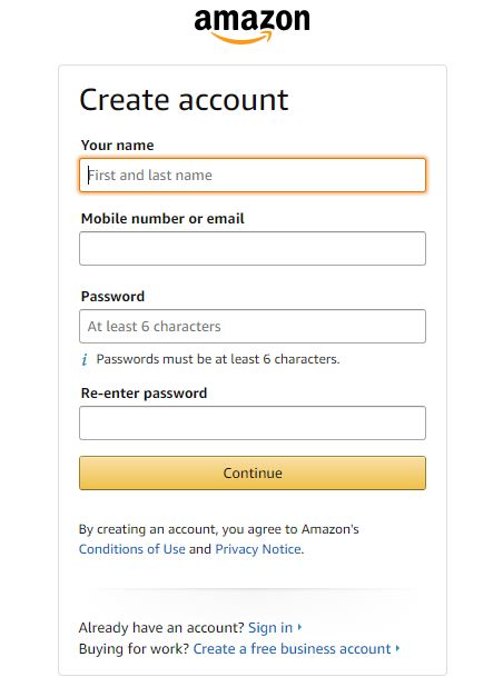 Página de registro de Amazon