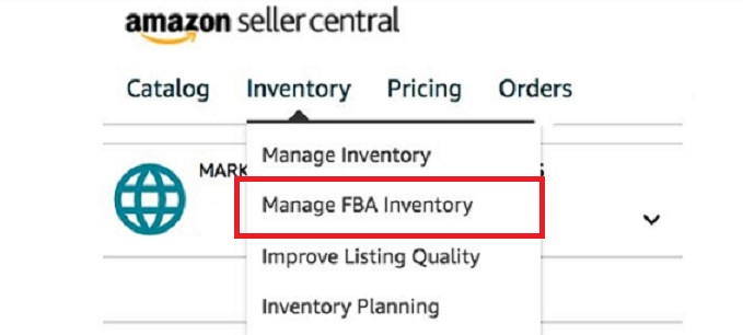 Para gestionar pedidos FBA, seleccione Gestionar inventario FBA en el menú de navegación superior