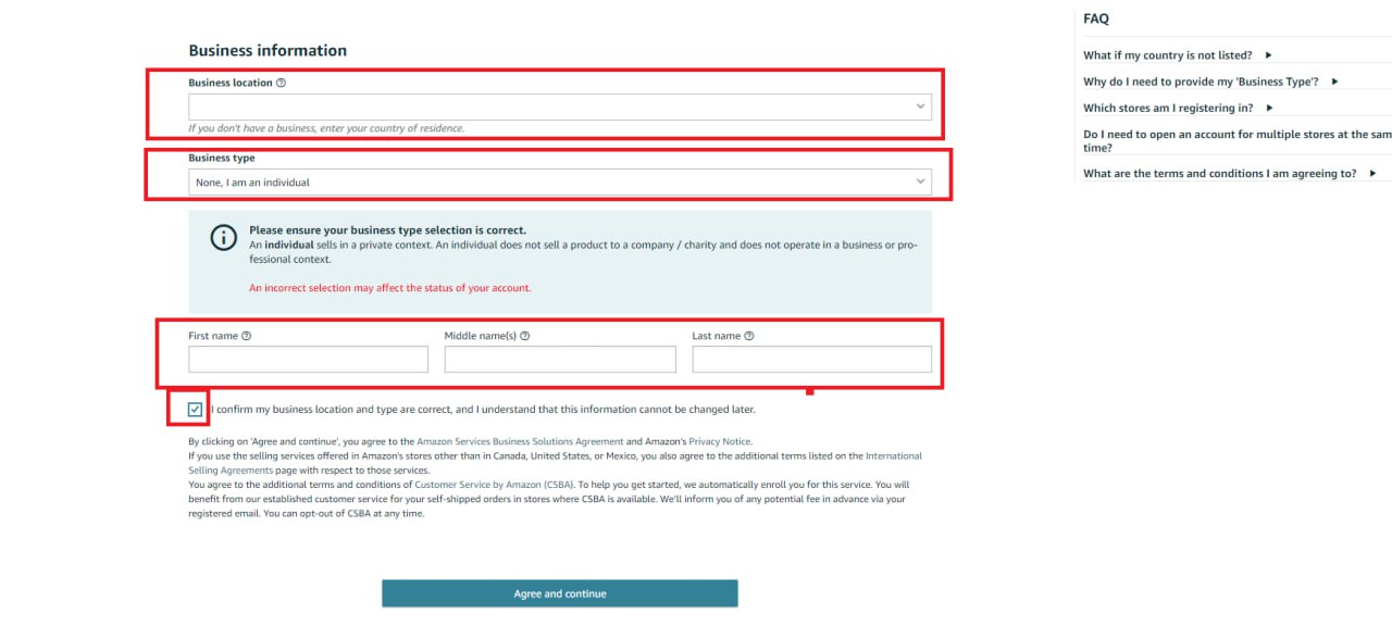 On the next page, add your first, middle, and last name, and tick the box “I confirm my business location and type is correct…” Then, click “Agree and continue.”