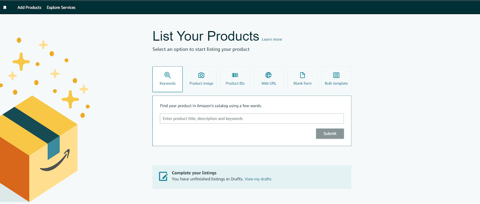 In the search bar under ‘Find your products in Amazon’s catalog,’ find your product by title, description, or keywords