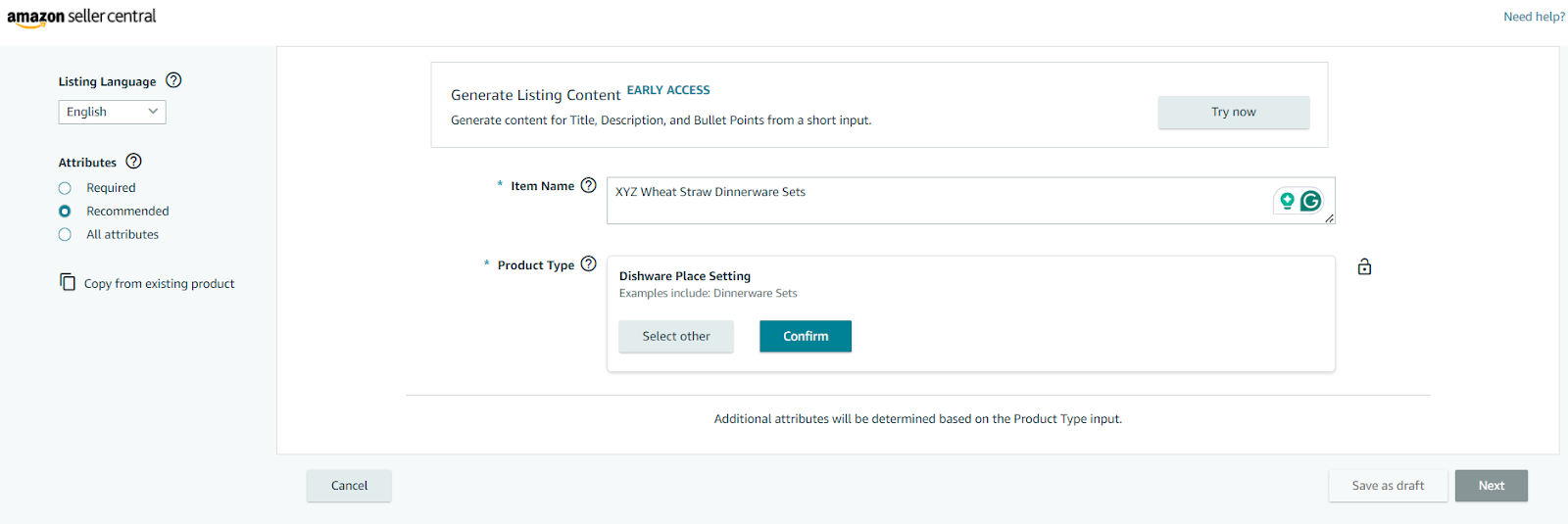  Enter the product name and confirm the primary product category specified by Amazon