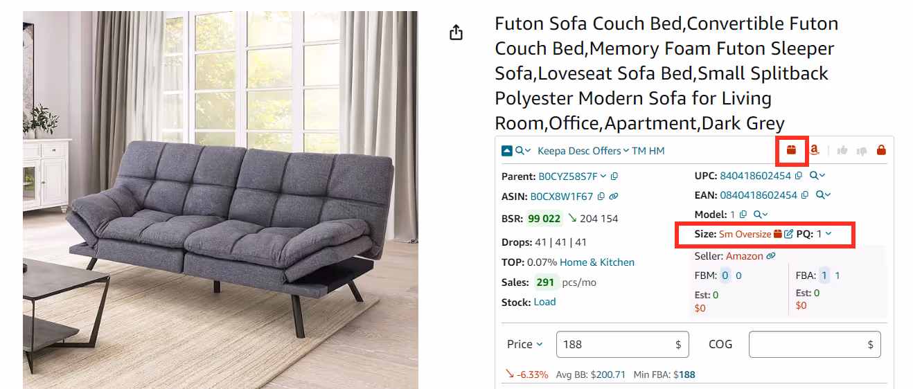 Seller Assistant App shows the Red Box icon on your Amazon product or search pages, or in the Side Panel View, if the product is large bulky, or extra-large.
