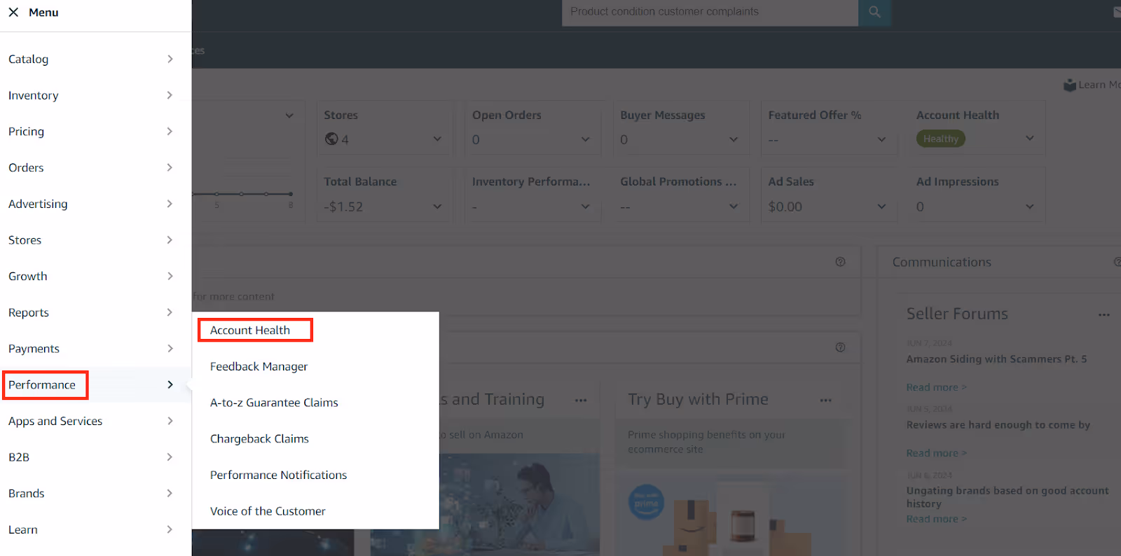 To access Manage Your Compliance dashboard, in your Amazon Seller Central menu go to Performance > Account Health
