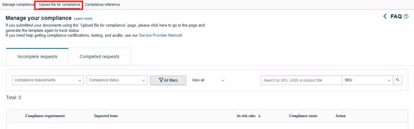 In the upper menu of the Manage Your Compliance dashboard, click the Upload File for Compliance tab.