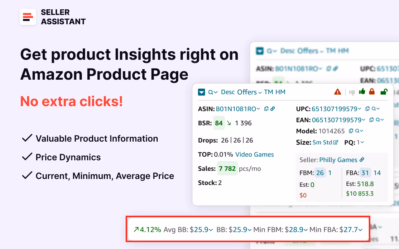 Seller Assistant shows the average Buy Box price over 90 days, and minimum FBA and FBM prices