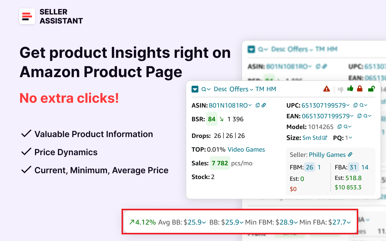 Seller Assistant displays the average Buy Box price, the minimum FBA and FBM Buy Box price