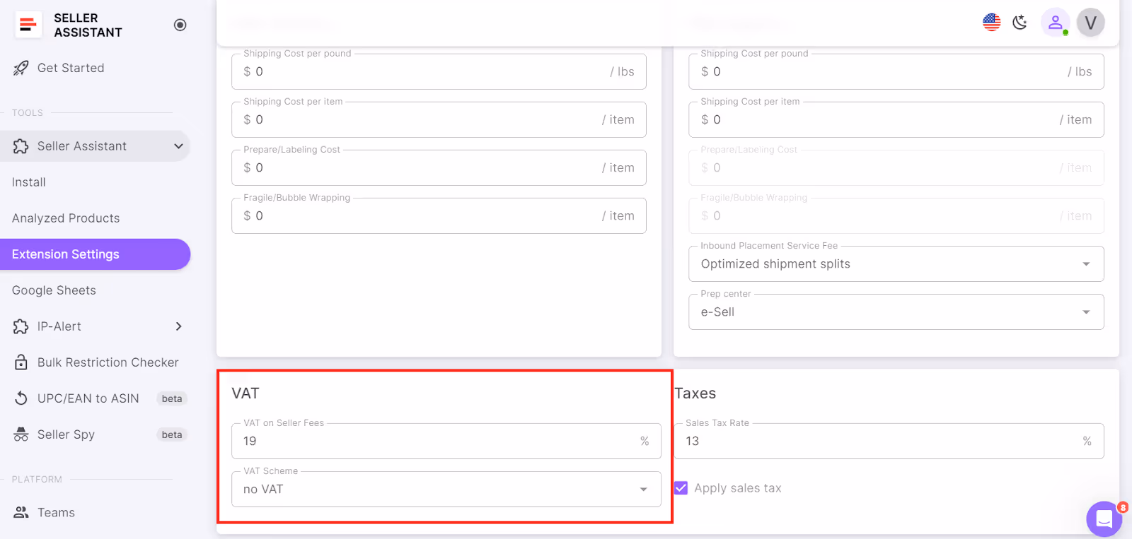 You can configure the VAT by selecting your target marketplace in Seller Assistant’s personal account