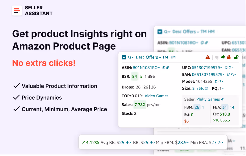 Seller Assistant Extension displays products BSR