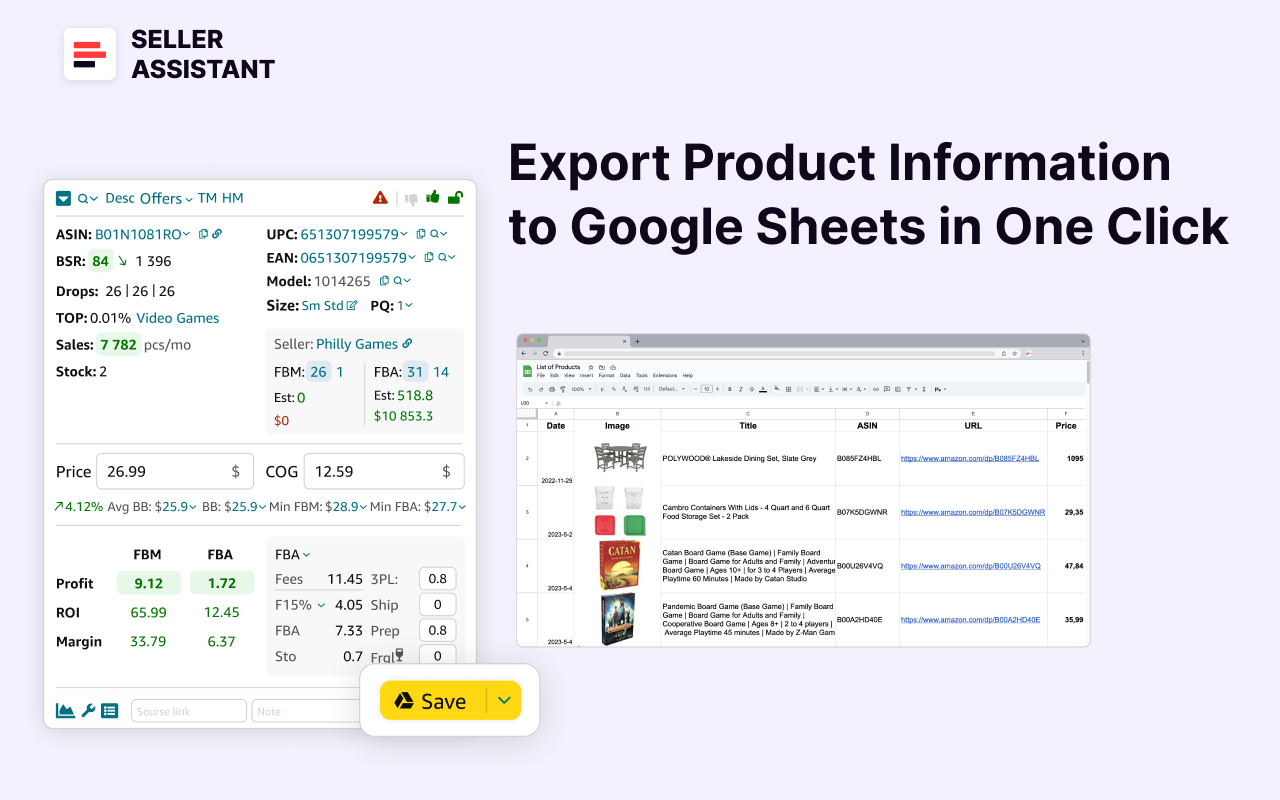 Seller Assistant lets sellers do Google Sheets export of product research data with just a single click