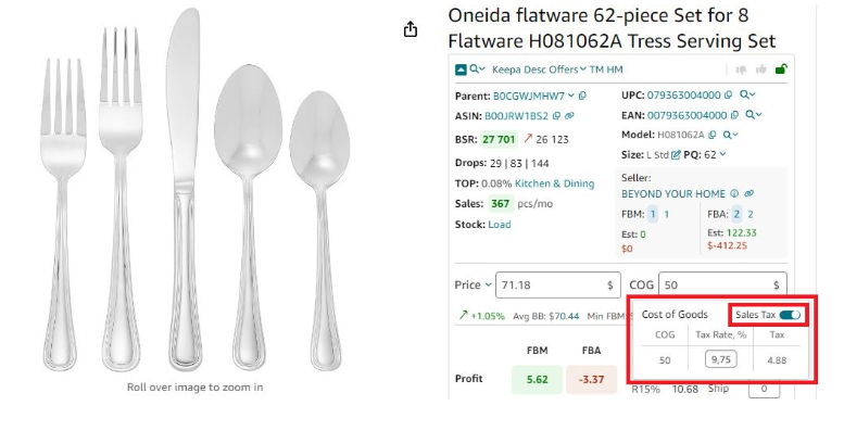 To calculate sales tax, enter COG, click it, and switch the “Tax” toggle in the pop-up. Seller Assistant  will calculate your tax