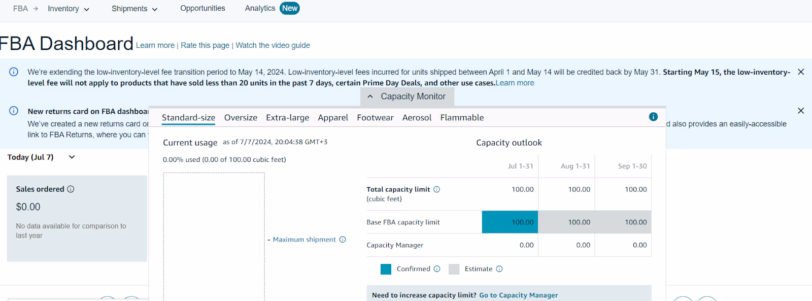 You can view your capacity limits and usage in the Capacity Monitor at the bottom of the FBA dashboard