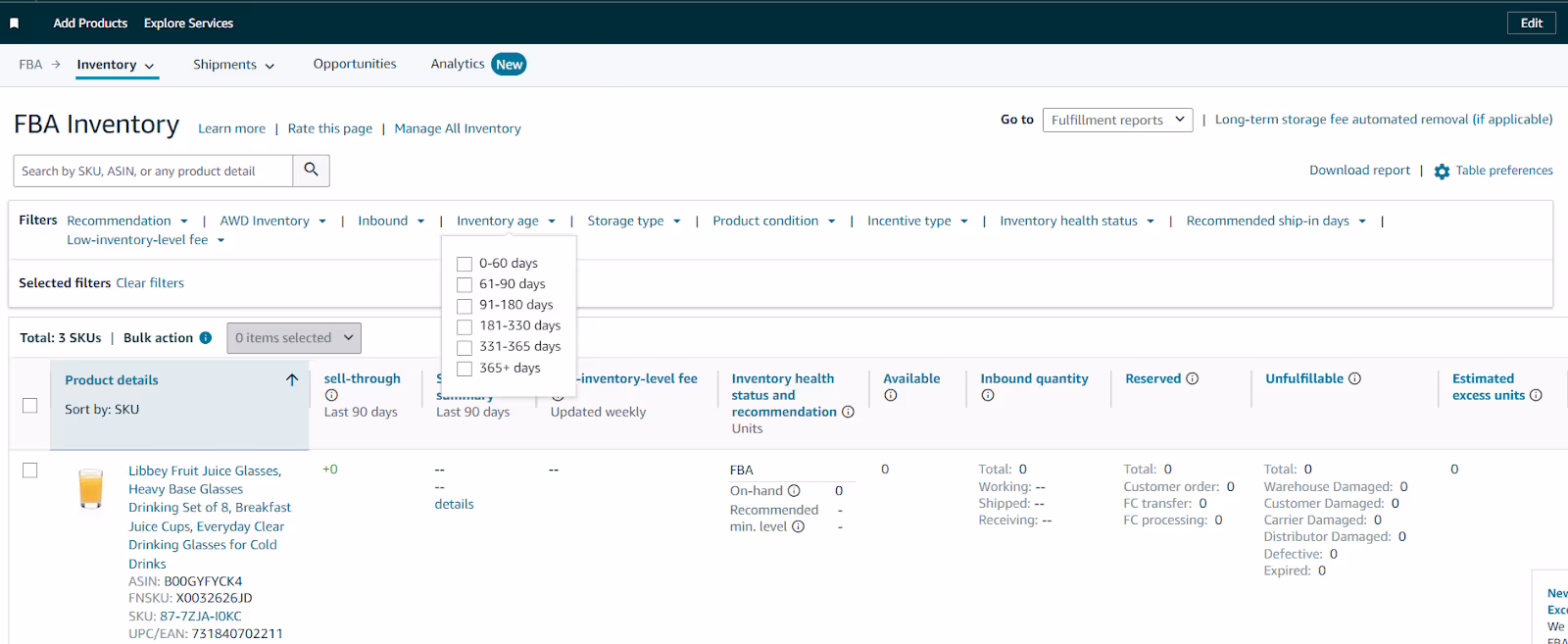 Tip. You can find out your inventory age by filtering out your SKUs by desired age in the FBA Inventory dashboard.