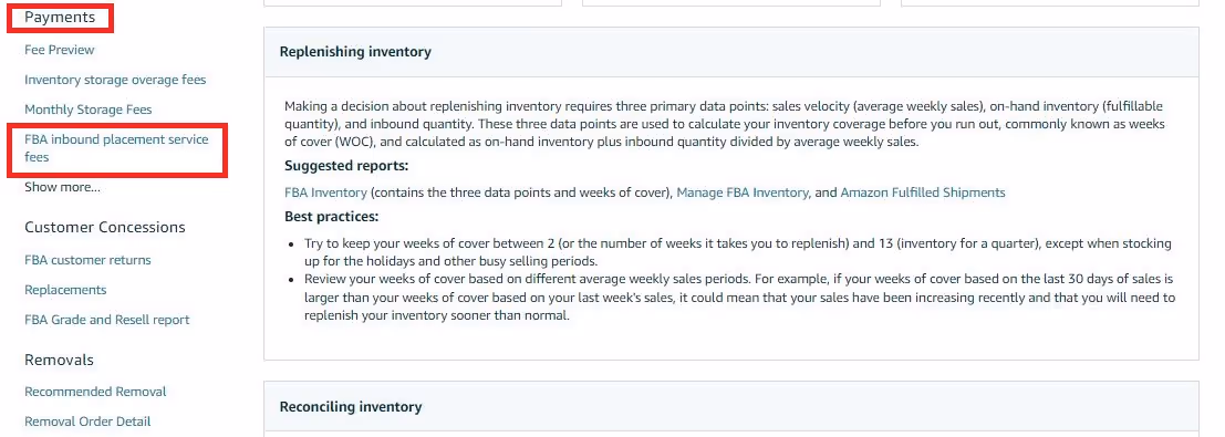 In Payments, and click FBA inbound placement service fees.