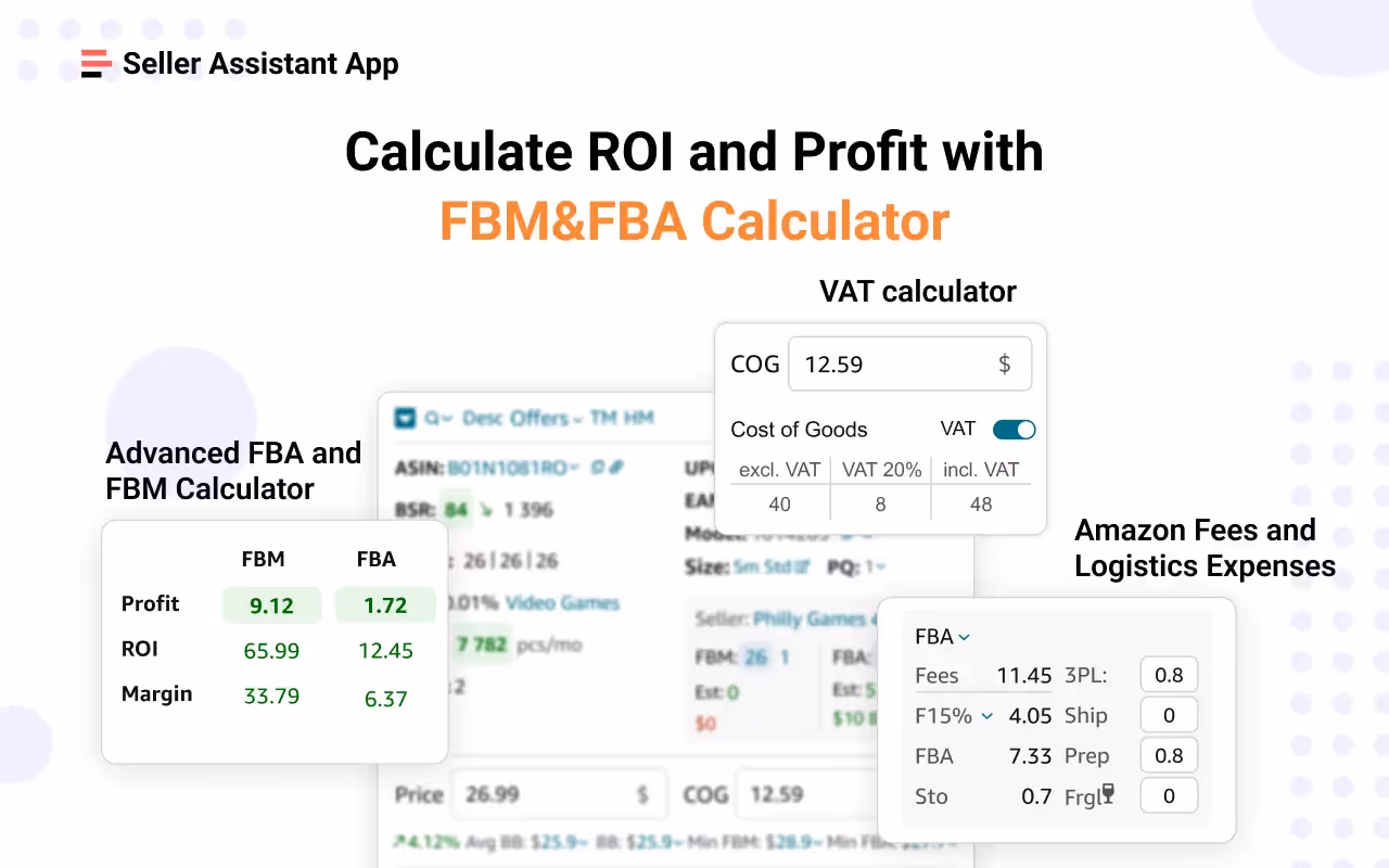 Seller Assistant App’s FBA&FBM calculator shows estimated profit, ROI, and margin for both FBA and FBM