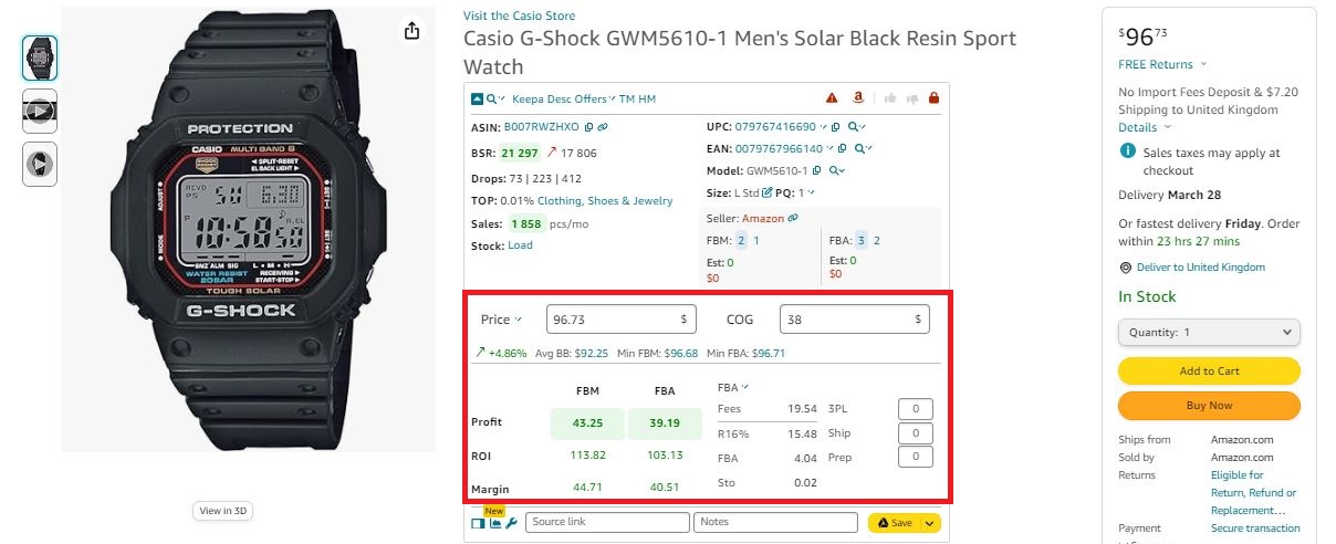 Seller Assistant's FBM&FBA profit calculator displays product profit, margin, and ROI.