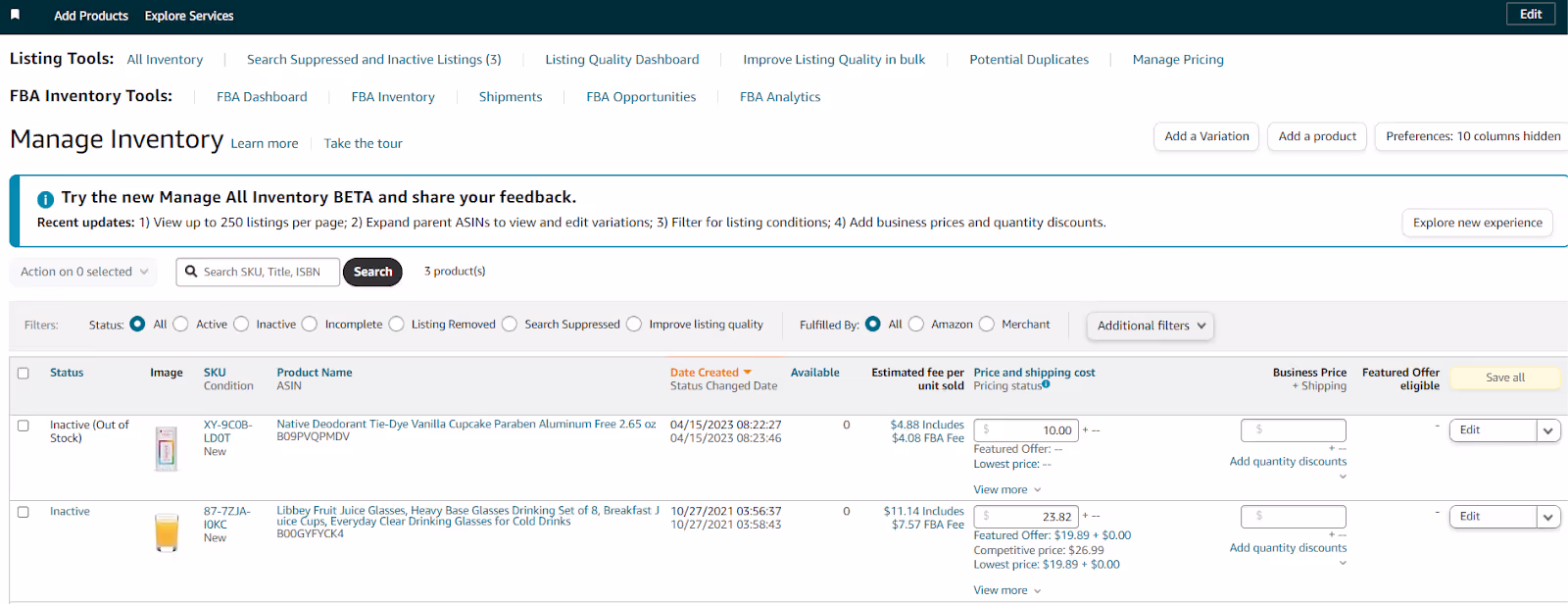 On the Manage Inventory page, get access to essential product data