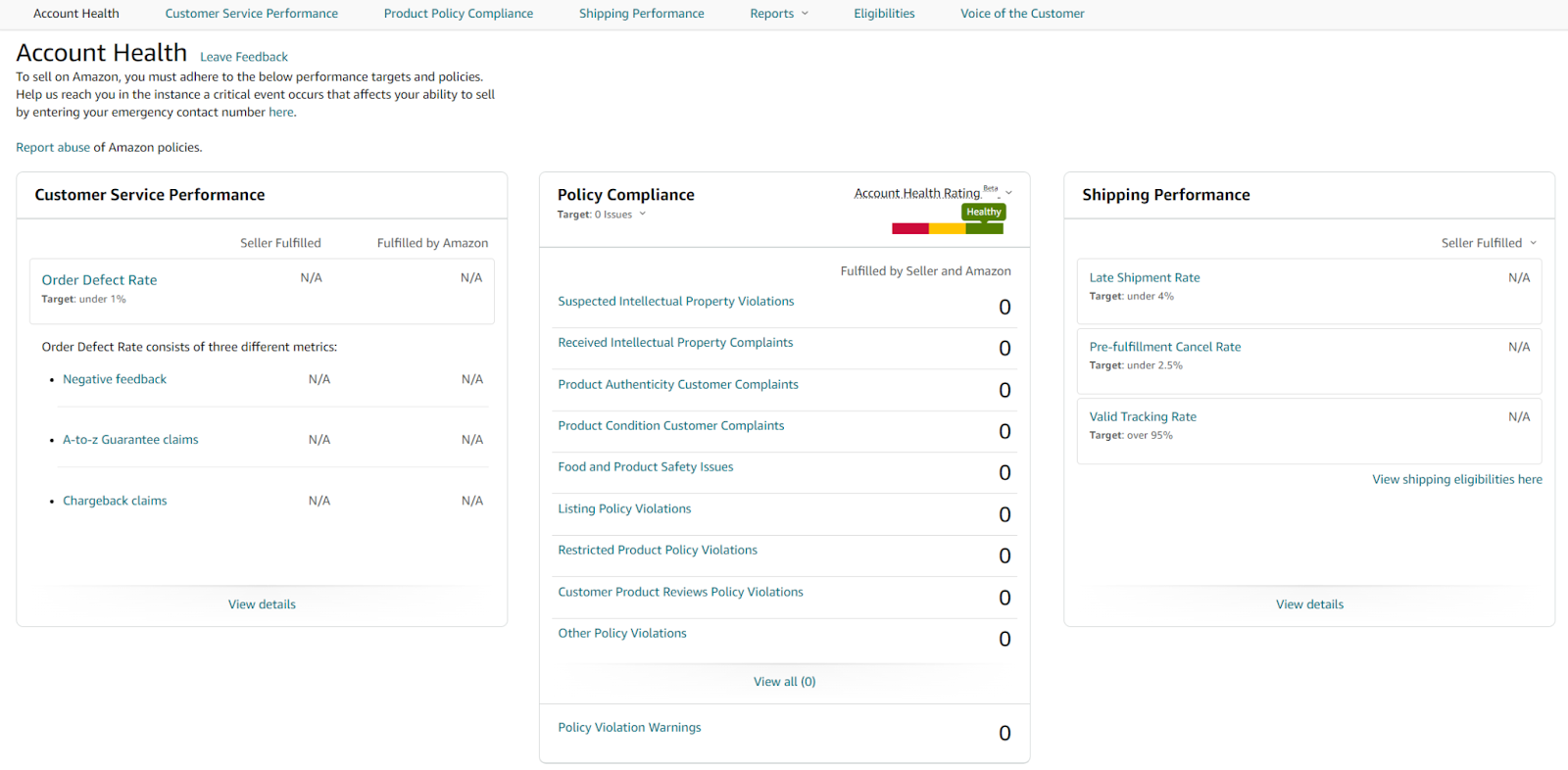 Amazon account health dashboard