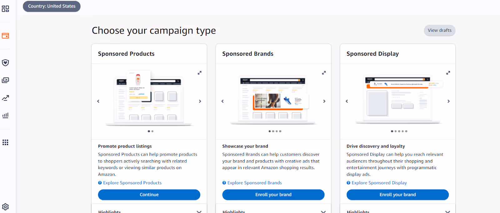 Specify your campaign type (Sponsored Products, Brands, or Sponsored Display ads)