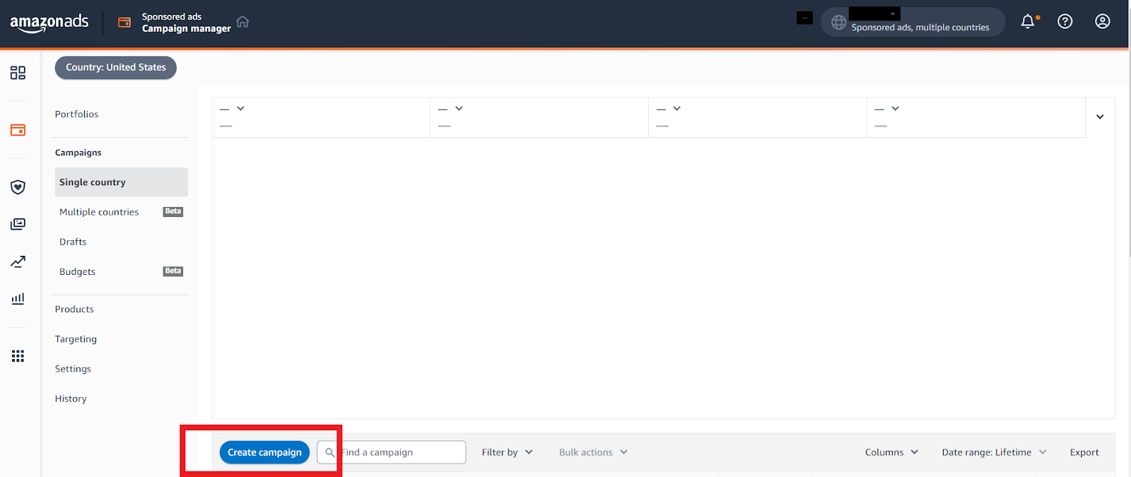 Choose Single or Multiple countries where you want to create the campaign, and click ‘Create Campaign'