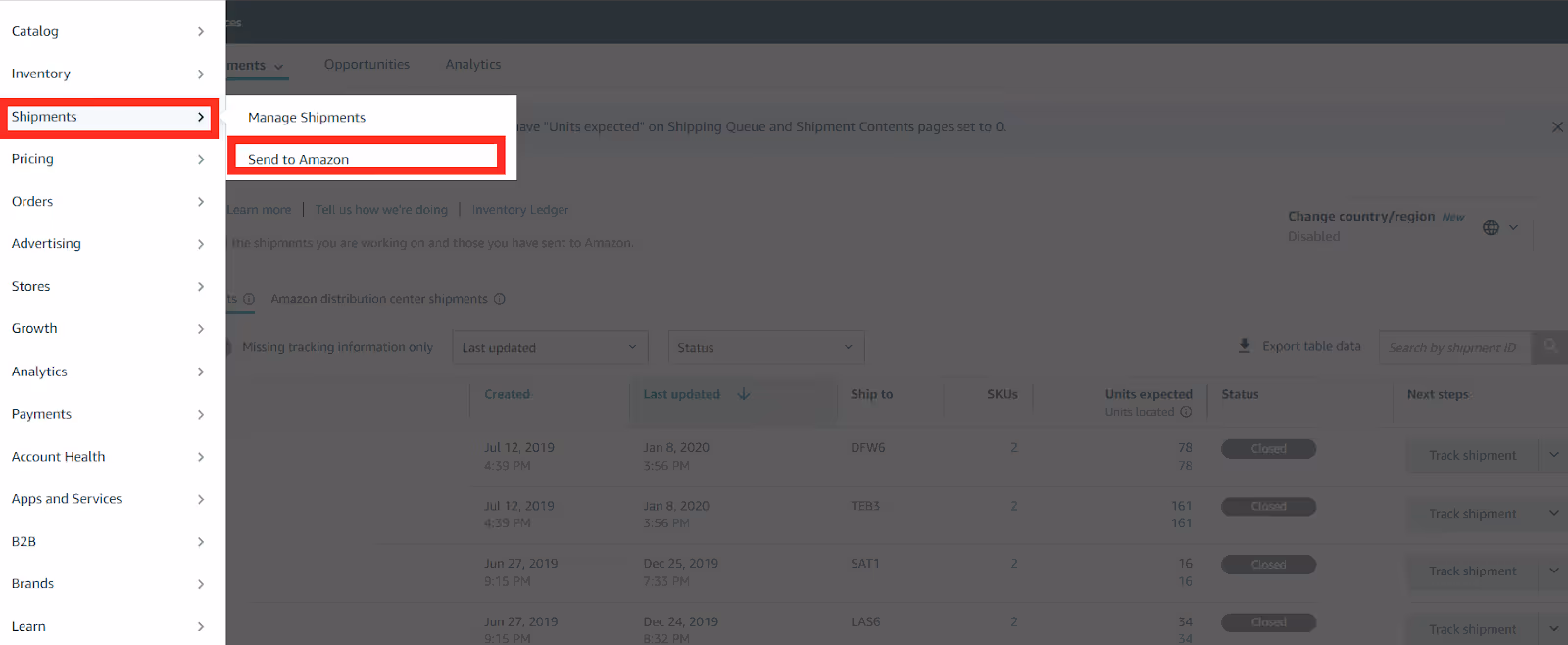 If you want to send inventory to Amazon’s fulfillment centers, click ‘Shipments’ in the side navigation menu and select ‘Send to Amazon.’