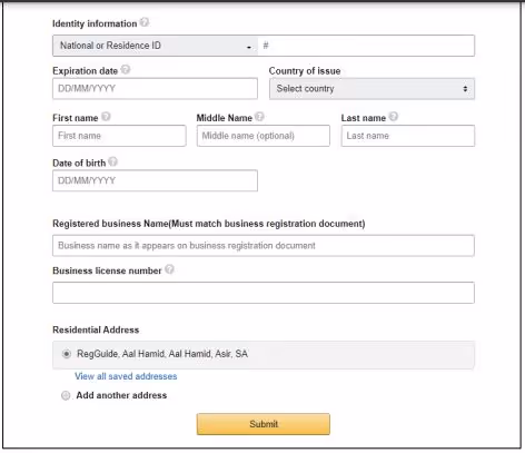 Business sellers must provide national ID number, business name, license number, and other details