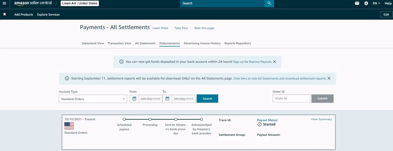 In the Disbursements tab, you can see the payout steps