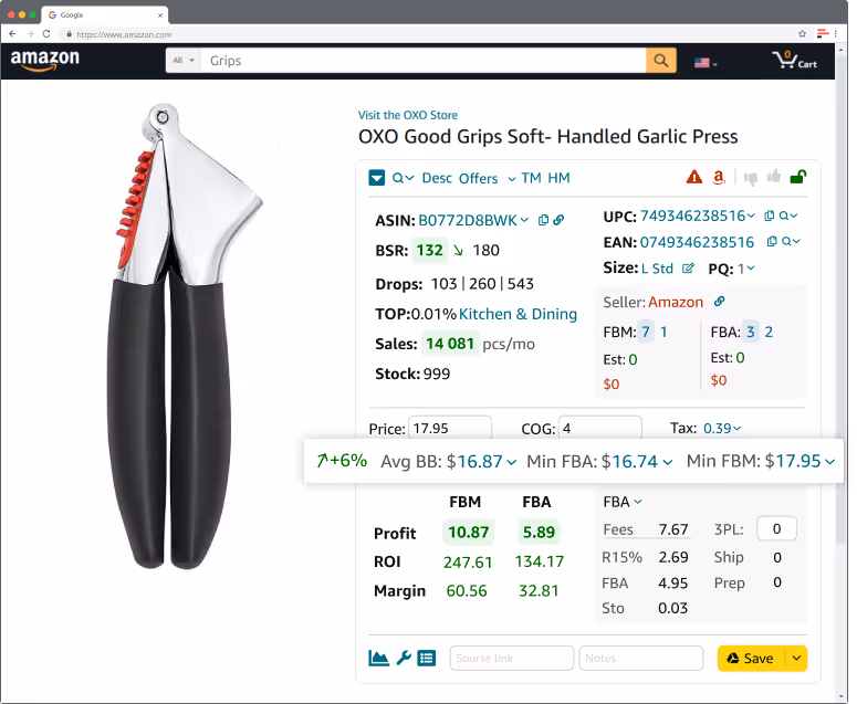 Seller Assistant App muestra la dinámica de precios, el precio medio y el precio mínimo
