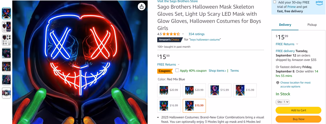 Halloween costume for sale on Amazon