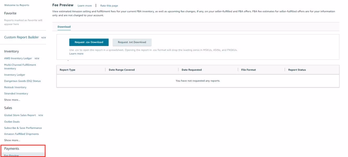 To access the Fee Preview Report, croll down to Payments, and click Fee Preview.