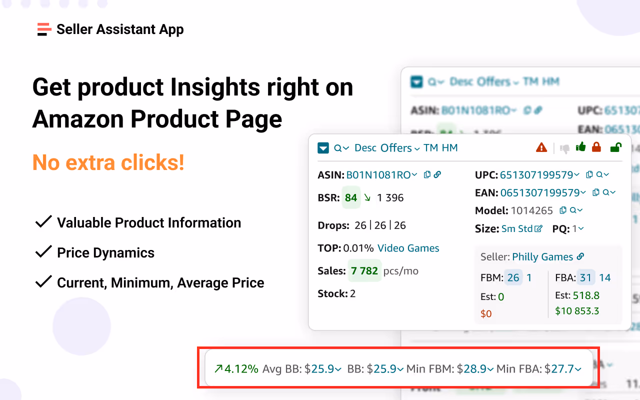Seller Assistant App muestra el precio medio de Buy Box y los precios mínimos de FBA y FBM