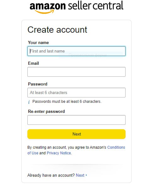 To start creating a new account, enter your first and last name, email, and a password of at least 6 characters. Then, re-enter the password in the line below.