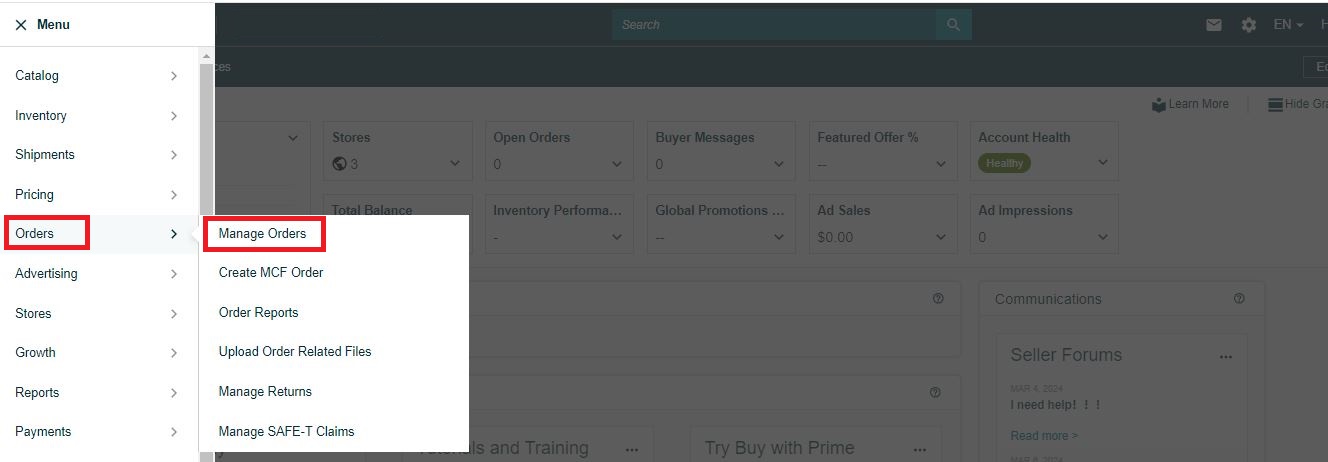 To check when a product sells in Seller Central, from the Menu, go to Orders > Manage orders