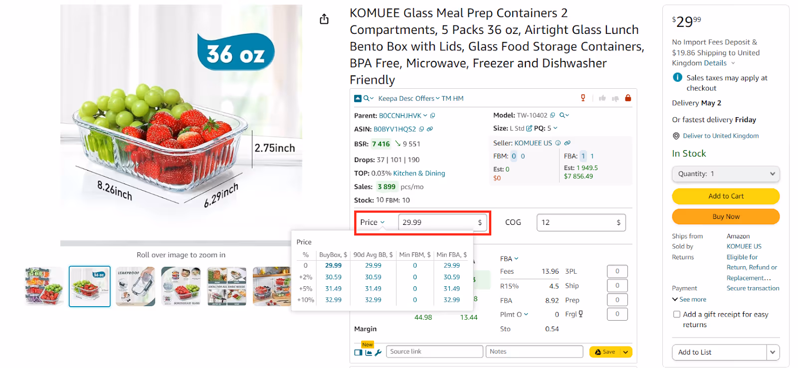Seller Assistant shows you the maximum FBA and average (over 90 days) Buy Box prices (the best price offer). Click the small arrow beside the “Price” to set the Buy Box +2, 5, and 10%.