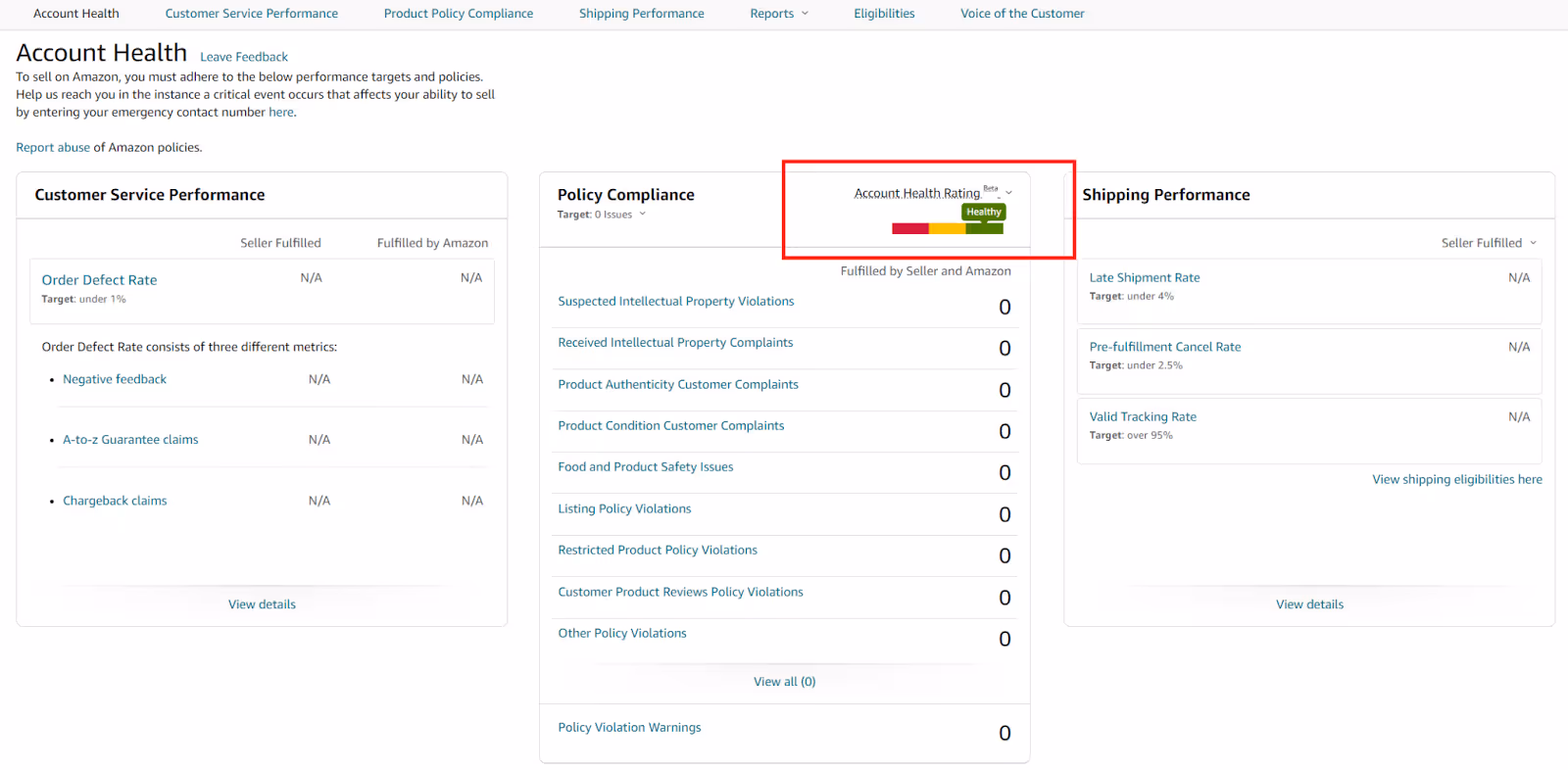 AHR in the Amazon account health dashboard