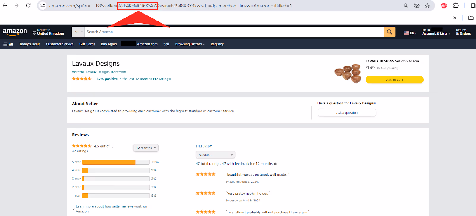 Look for the seller ID in the URL of the profile page. It is found after "seller=" or a similar identifier