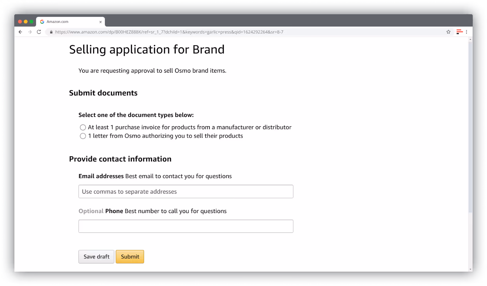 Notificación de Amazon y formulario para obtener permiso para vender productos restringidos