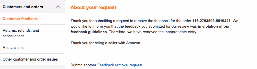 Amazon feedback removal message Amazon feedback removal message