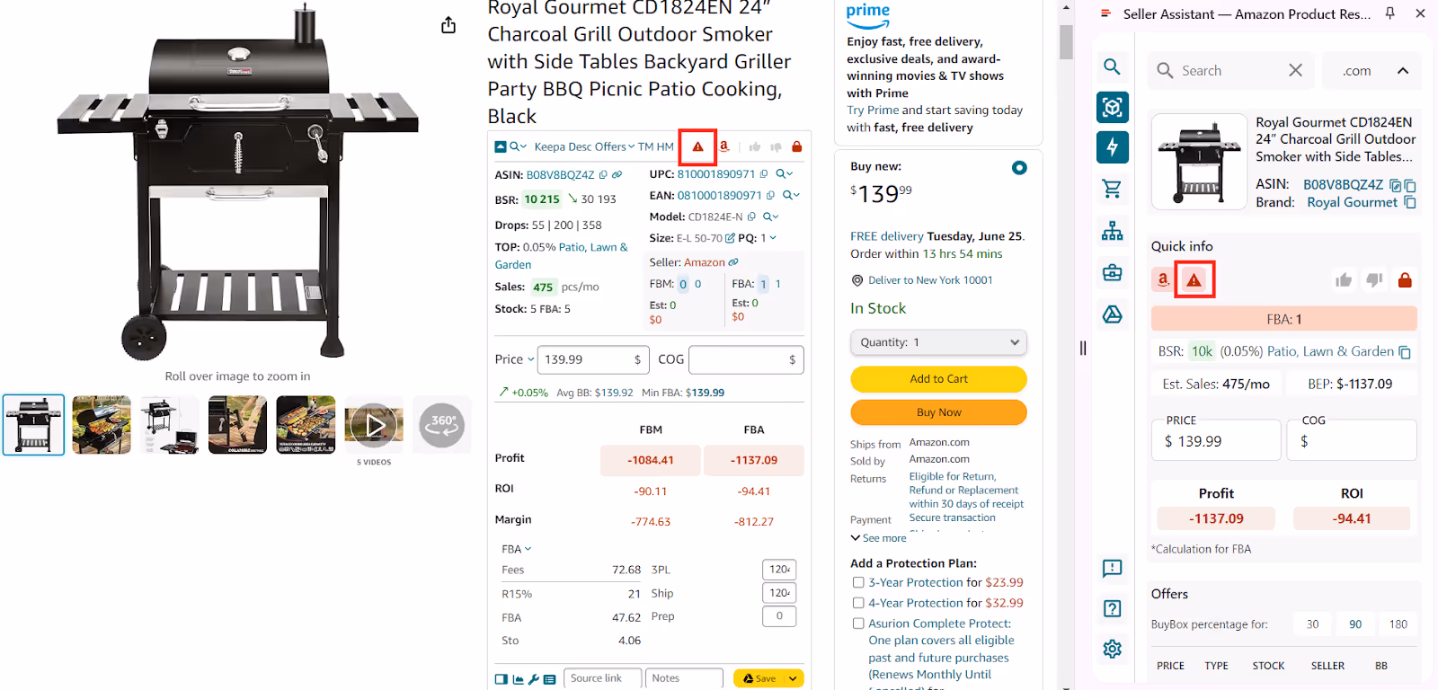 The IP Alert extension shows a red triangle icon on Amazon search and product pages, as well as in the Side Panel View on supplier websites