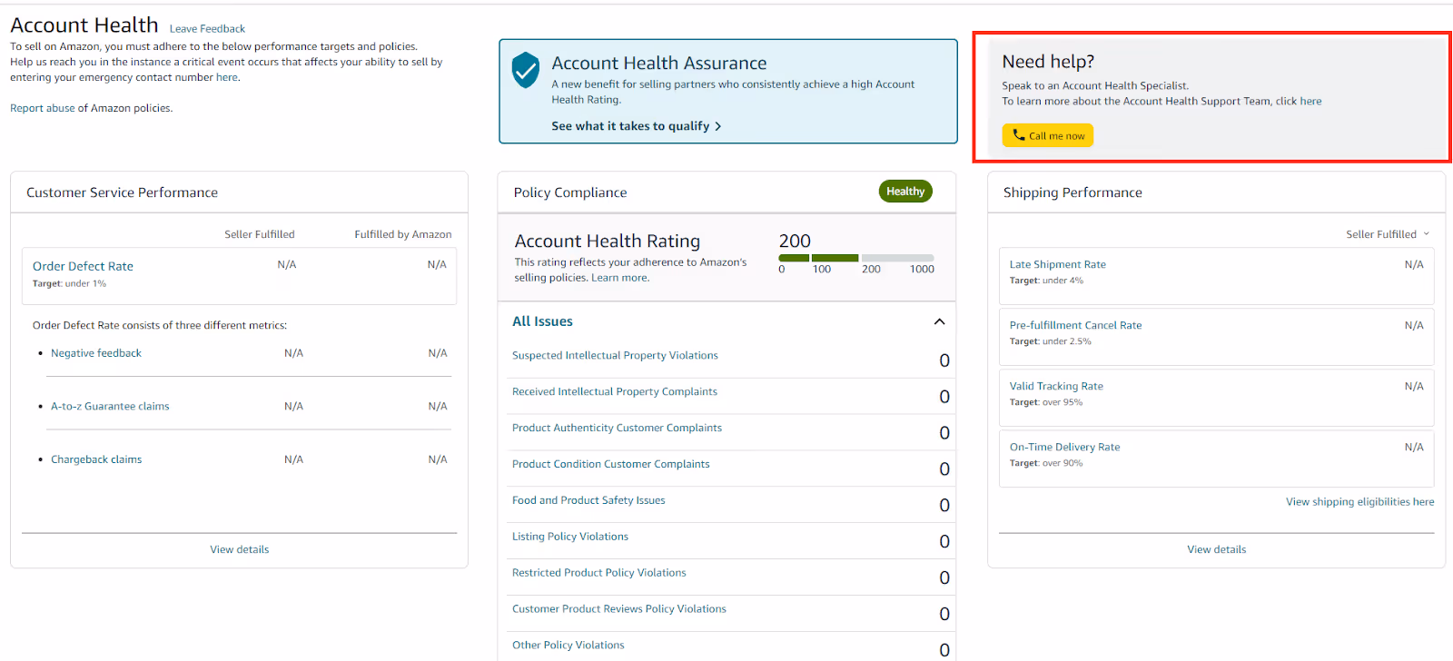Enrolled seller can reach out to an Account Health Specialist from their seller account